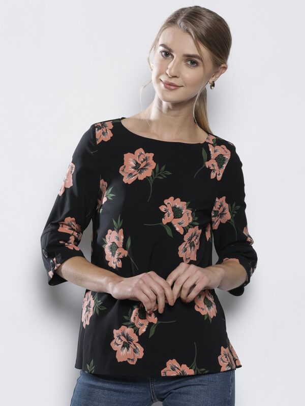 DOROTHY PERKINS Women Black  Peach-Coloured Floral Print Top