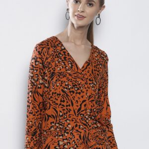 DOROTHY PERKINS Women Orange  Black Animal Printed Wrap Top