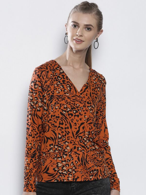 DOROTHY PERKINS Women Orange  Black Animal Printed Wrap Top