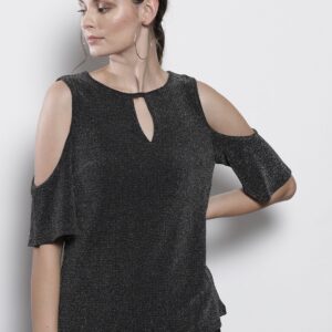 DOROTHY PERKINS Women Charcoal Grey Shimmer Cold-Shoulder Top