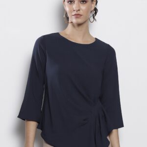 DOROTHY PERKINS Women Navy Blue Solid Pleated Top