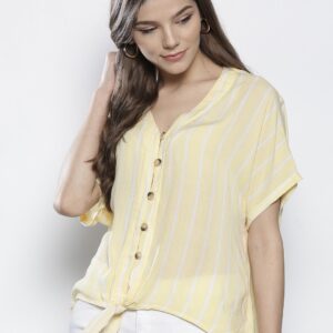 DOROTHY PERKINS Women Yellow  White Striped Boxy Top