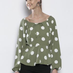 DOROTHY PERKINS Women Olive Green  White Polka Dot Print Bardot Top