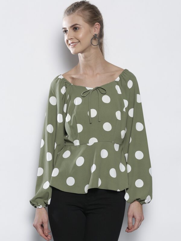 DOROTHY PERKINS Women Olive Green  White Polka Dot Print Bardot Top