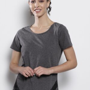 DOROTHY PERKINS Women Charcoal Grey Solid Round Neck T-shirt