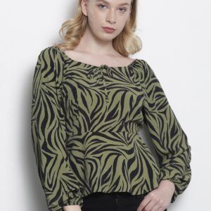 DOROTHY PERKINS Women Olive Green  Black Printed Bardot Top