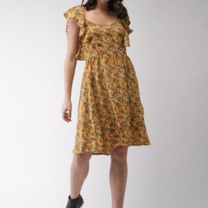 Encrypt Women Mustard Yellow Printed Fit and Flare Dress