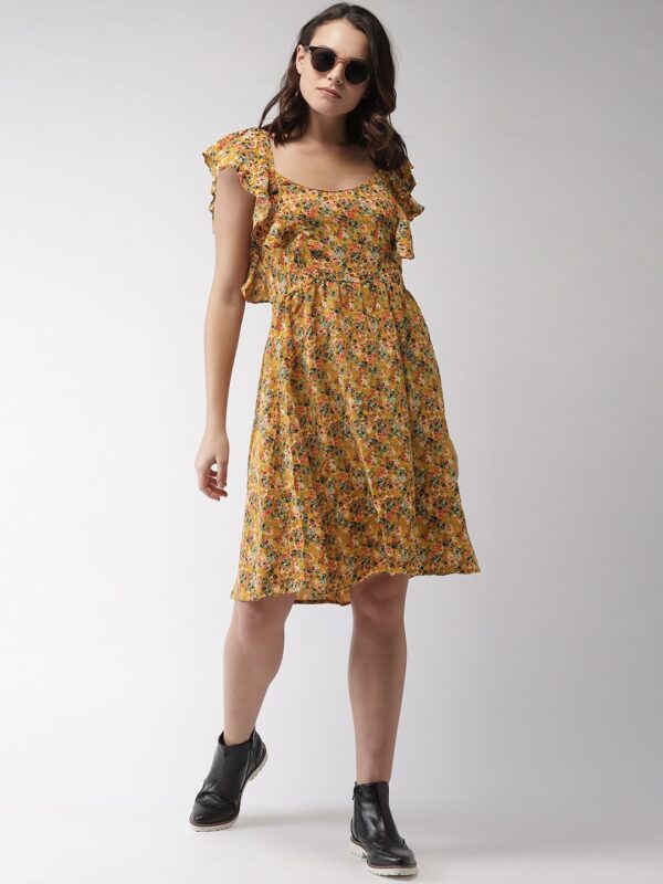 Encrypt Women Mustard Yellow Printed Fit and Flare Dress