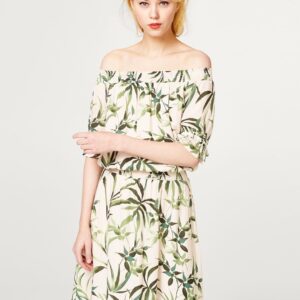 ESPRIT Women Off-White  Green Tropical Print Off-Shoulder Blouson Dress