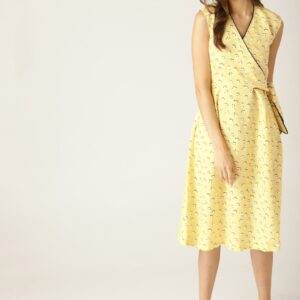 ESPRIT Women Yellow  White Printed Wrap Dress