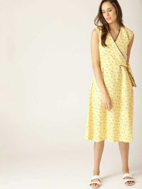 ESPRIT Women Yellow  White Printed Wrap Dress