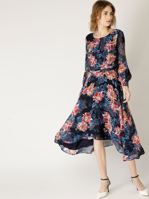 ESPRIT Women Navy Blue  Pink Floral Print A-Line Dress