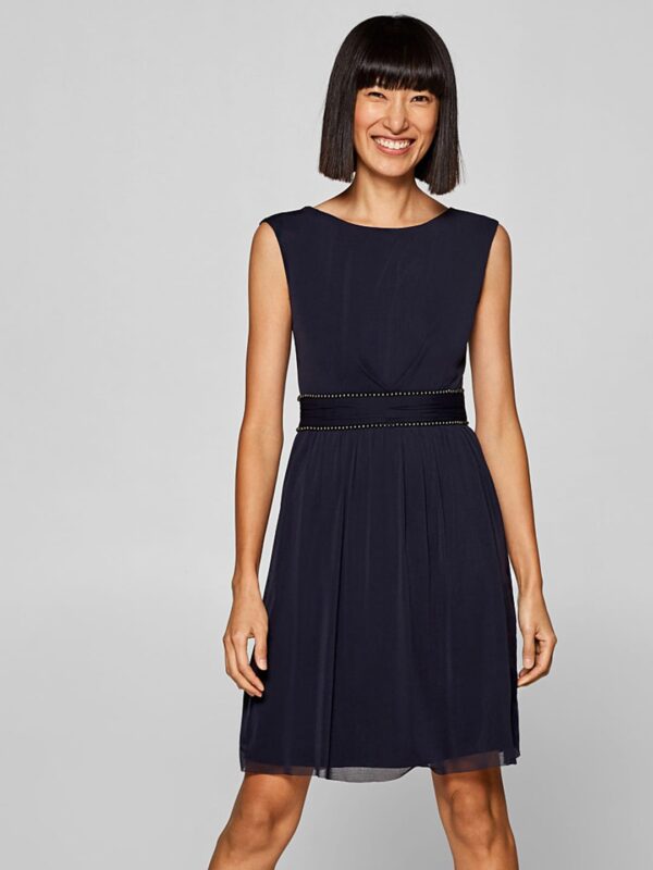 ESPRIT Women Navy Blue Net Solid Fit  Flare Dress