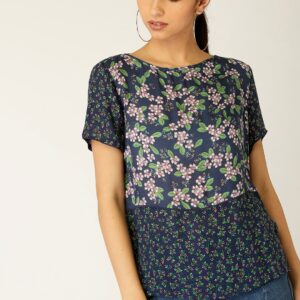 ESPRIT Women Navy Blue  Green Printed Top