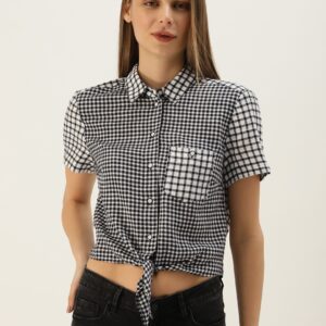 ESPRIT Women Black  White Regular Fit Checked Cropped Casual Shirt