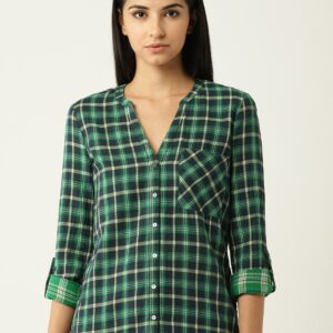 ESPRIT Women Green  Navy Blue Regular Fit Checked Casual Shirt