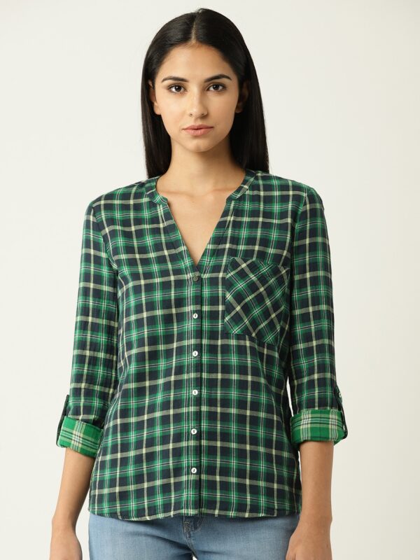 ESPRIT Women Green  Navy Blue Regular Fit Checked Casual Shirt