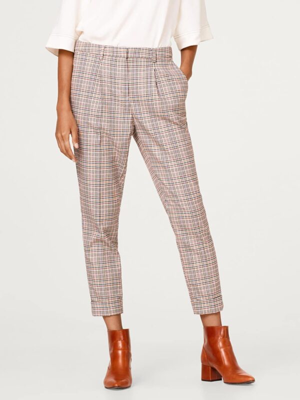 ESPRIT Women Off-White  Brown Regular Fit Checked Trousers