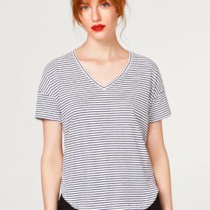 ESPRIT Women White  Navy Blue Striped Boxy Top