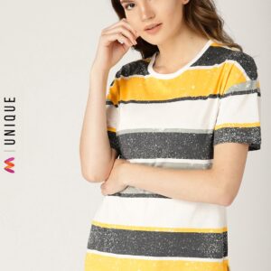 ESPRIT White and Grey Striped Round Neck T-shirt