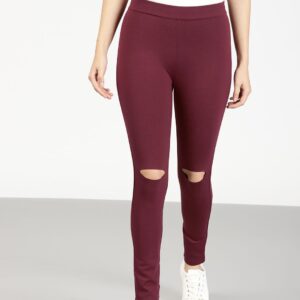 ether Women Maroon Slash Knee Leggings