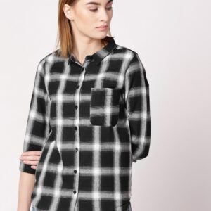 ether Women Black  White Regular Fit Checked Casual Shirt