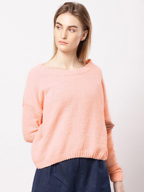 ether Women Peach-Coloured Solid Sweater