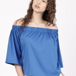 ether Women Blue Solid Bardot Top