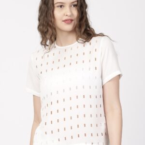 ether Women White Solid Sheer Cut-Out Top