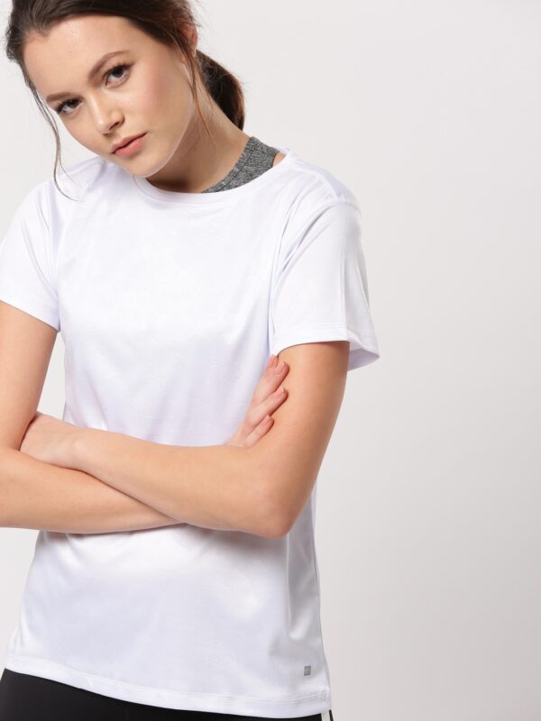 ether e+ Women White Self Design Round Neck T-shirt