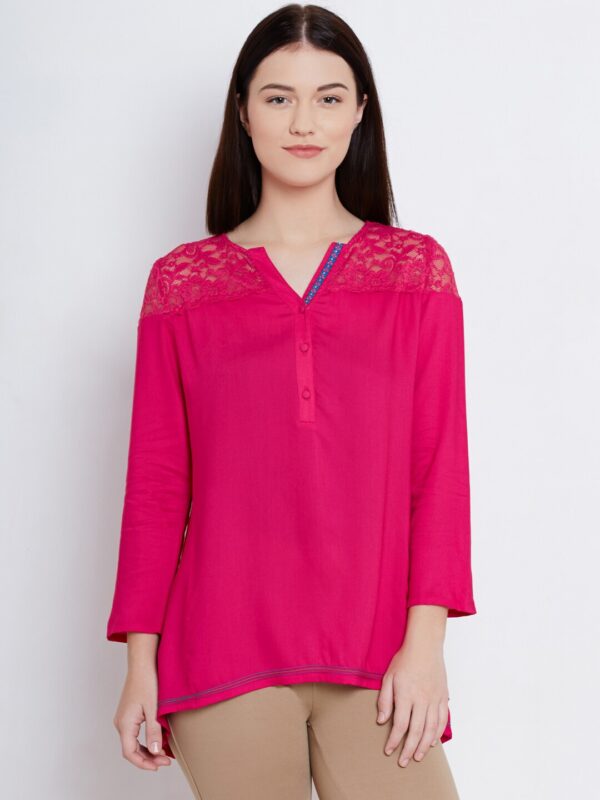 Fusion Beats Pink Lace Yoke Top