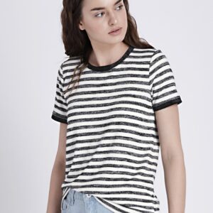 GAP Womens Softspun Black  White Velvet-Trim Stripe Crewneck T-Shirt