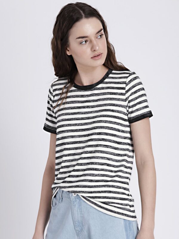 GAP Womens Softspun Black  White Velvet-Trim Stripe Crewneck T-Shirt