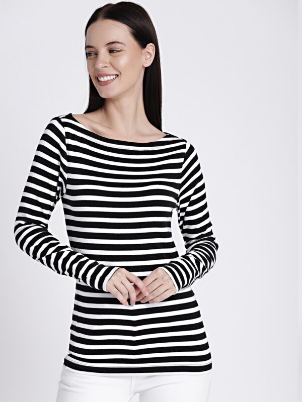 GAP Women Black  White Striped Regular Knitted Top