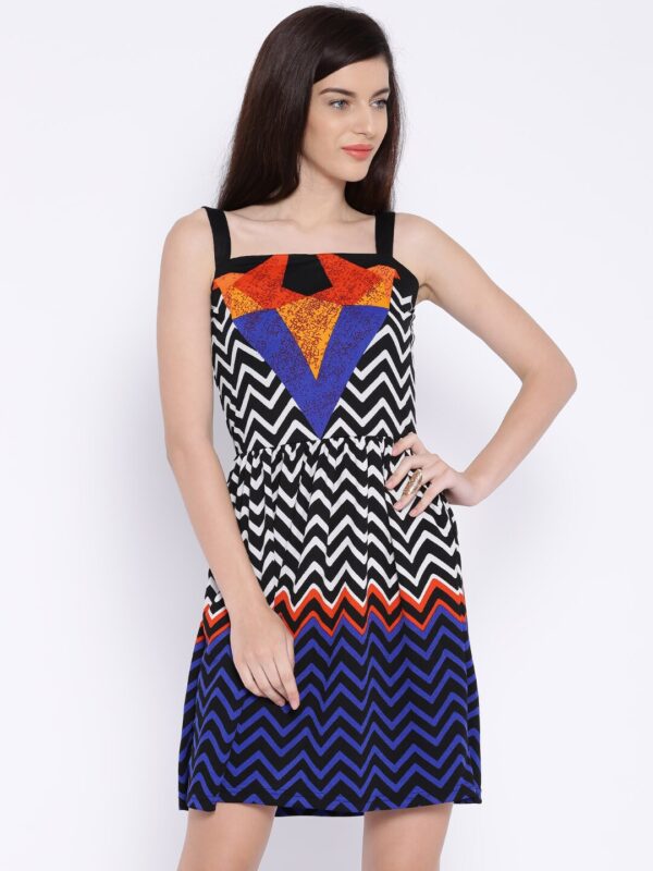 Global Desi Black  White Chevron Print Fit  Flare Dress