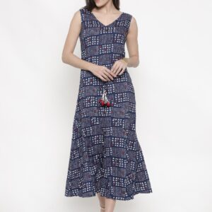 Global Desi Women Blue Printed Fit  Flare Midi Dress