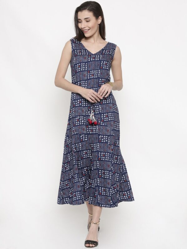 Global Desi Women Blue Printed Fit  Flare Midi Dress