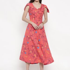 Global Desi Women Coral Pink Printed A-Line Dress