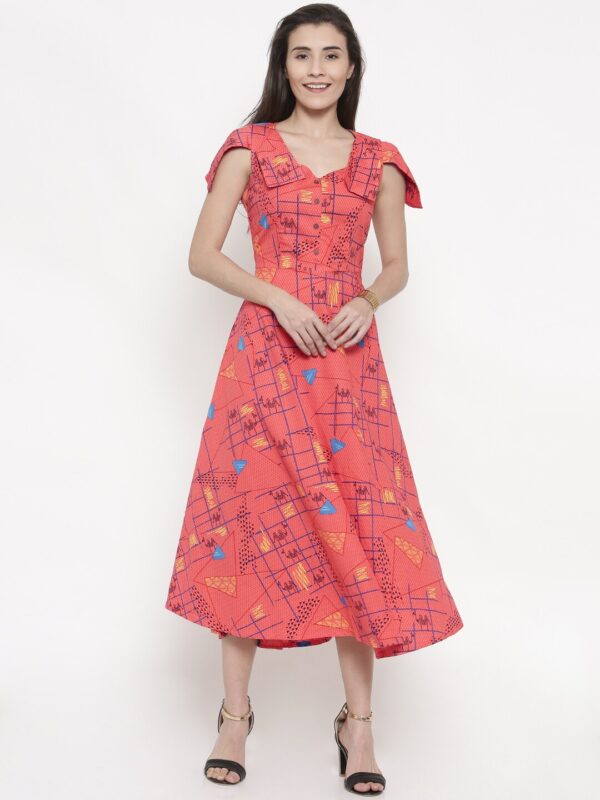 Global Desi Women Coral Pink Printed A-Line Dress