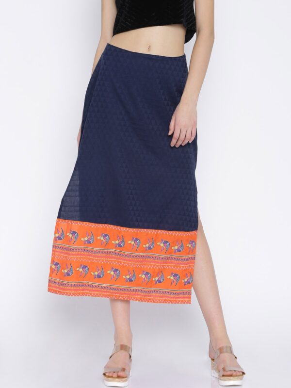 Global Desi Navy Printed Midi Skirt