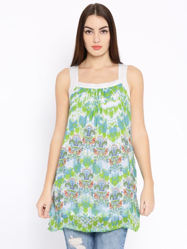 Global Desi Off-White  Green Printed Tunic