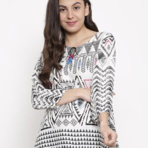 Global Desi Women White  Black Printed Top