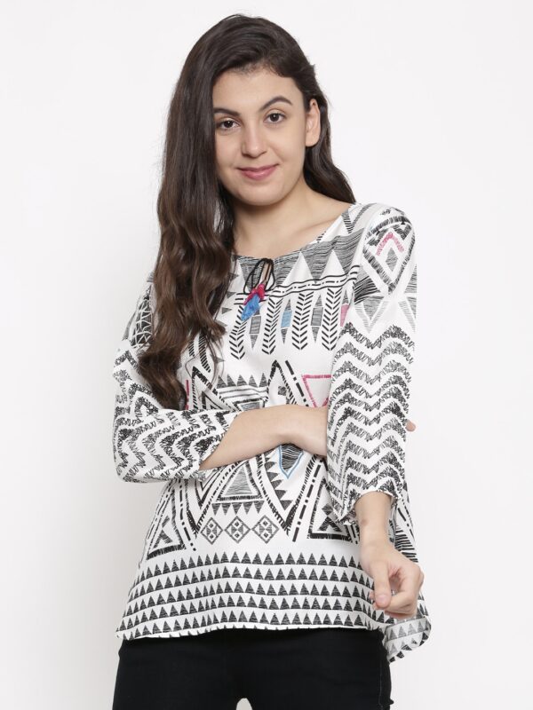 Global Desi Women White  Black Printed Top