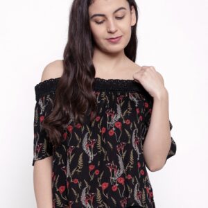 Ginger by Lifestyle Women Black Printed Bardot Top