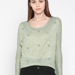 Ginger by Lifestyle Women Green Embellished Knitted High-Low Top