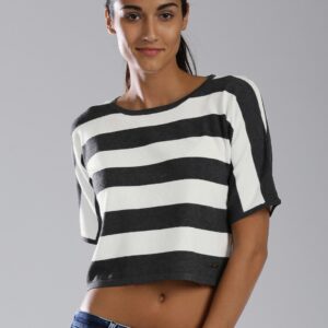 HRX by Hrithik Roshan Charcoal Grey  White Striped Crop Sweater