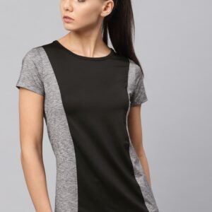 HRX by Hrithik Roshan Women Black  Grey Melange Colourblocked Round Neck Sports T-shirt