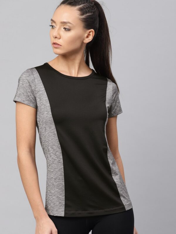 HRX by Hrithik Roshan Women Black  Grey Melange Colourblocked Round Neck Sports T-shirt