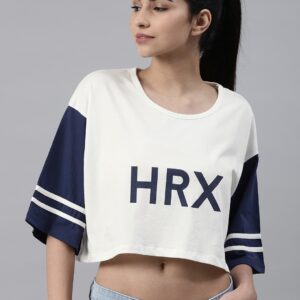 HRX by Hrithik Roshan Women White Printed Round Neck Boxy Cropped T-shirt