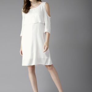 HERENOW Women White Solid A-Line Cold-Shoulder Layered Dress